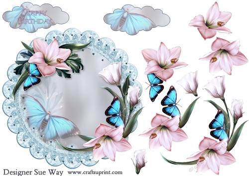 Delicate Flowers & Butterflys Scalloped Round  Card Topper & Decoupage