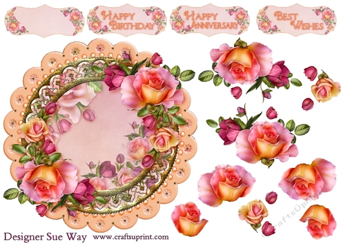 Peachy Pink Roses Scalloped Round Topper & Decoupage