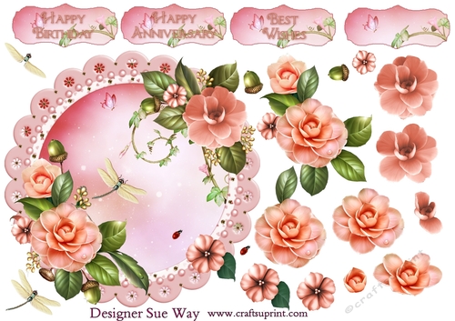 Pretty Pale Peach Camellia Scalloped Round Card Topper & Decoupage
