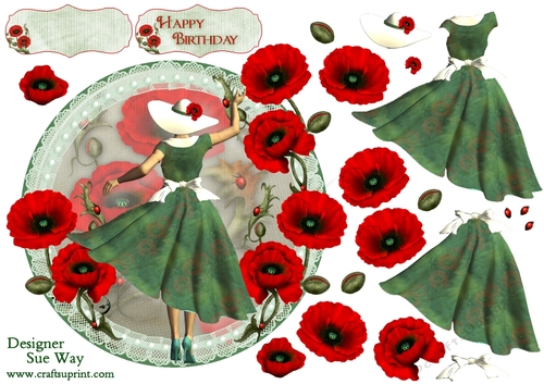 1950s Red Poppies Lady Scalloped Round Topper & Decoupage