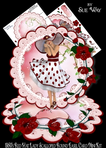 1950s Red Hat Lady Scalloped Round Easel Card Mini Kit