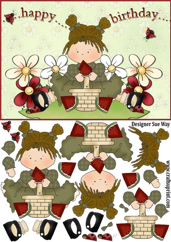 Watermelon & Flowers Girl Card Front & Decoupage