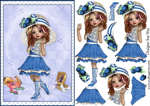 Sweet Little Fashion Girl Blue A5 Card Front & Decoupage