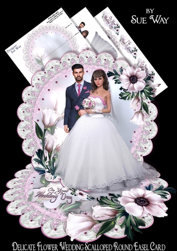 Delicate Flower Wedding Scalloped Round Easel Card  Mini Kit