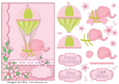 Cute Pink Girl Elephant A5 Card Front & Decoupage