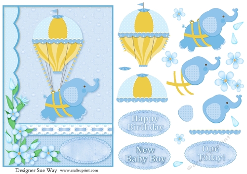 Cute Blue Boy Elephant A5 Card Front & Decoupage