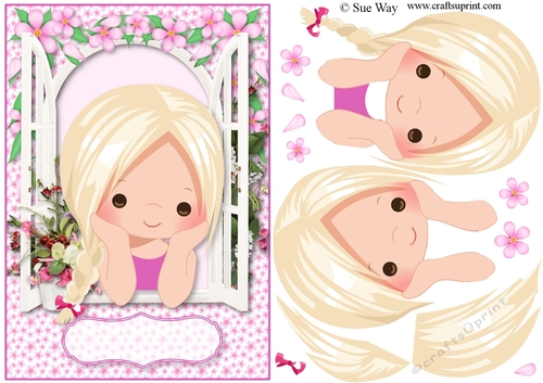 Pink Flower Window Girl A5 Card Topper & Decoupage