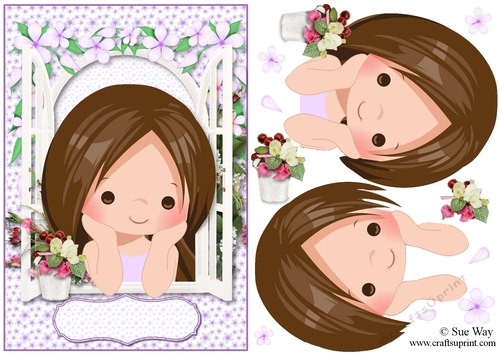 Lilac Flower Window Girl A5 Card Topper & Decoupage