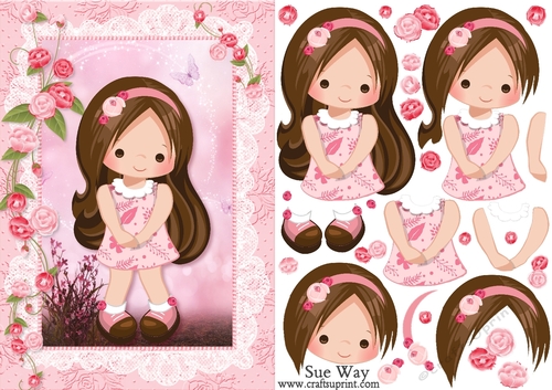 Cute Little Pink Flowers Lady A5 Card Front and Decoupage
