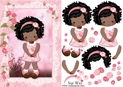 Cute Little Pink Flowers Ethnic Lady A5 Card Front and Decoupage