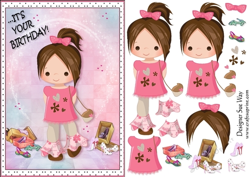 Its your Birthday! Cute Little Lady Shopping for Shoes A5 Card Front & Decoupage