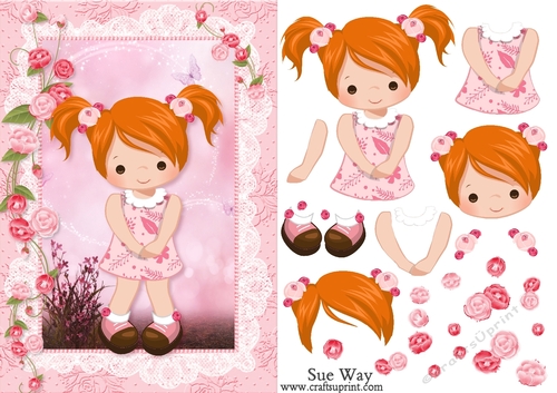 Cute Little Pink Flowers Red Haired Lady Card Front and Decoupage
