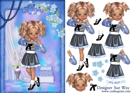 Sweet Little Fashionista in Blue A5 Card Front & Decoupage