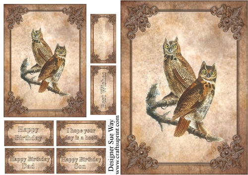 Vintage Owls Card Front, Topper & Sentiment Tags