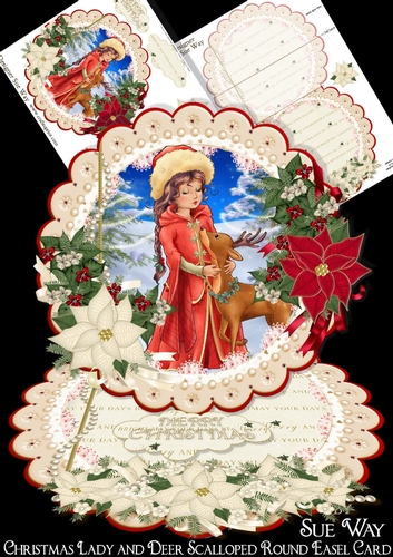 Christmas Lady and Deer  Scalloped Round Easel Card Mini Kit