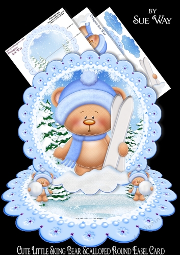 Cute Little Skiing Bear Scalloped Round Easel Card 