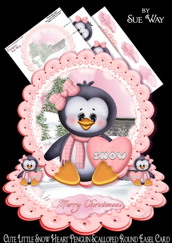 Cute Little Snow Heart Penguin Scalloped Round Easel Card Mini Kit 