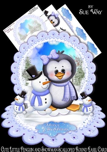 Cute Little Penguin and Snowman Scalloped Round Easel Card