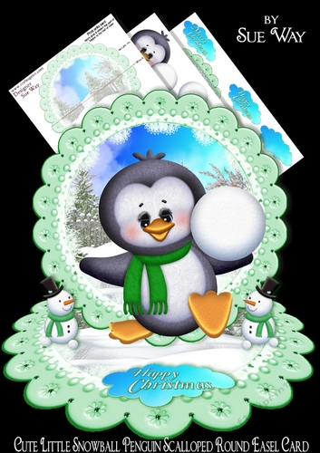 Cute Little Snowball Penguin Scalloped Round Easel Card