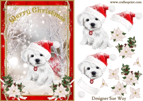 Sweet Little White Christmas Puppy in the Snow  A5 Card Front & Decoupage