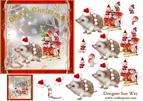 Hedgehog & Mice Christmas Sleigh 6 Inch Square Card Front & Decoupage