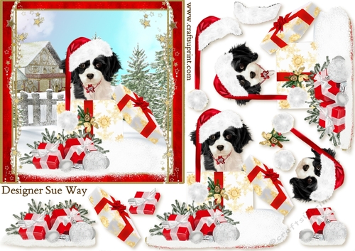 Border Collie Puppy Christmas Snow 6 inch Card Front & Decoupage