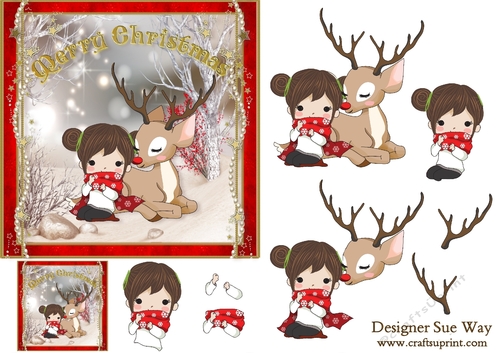 Little Girl Hugging Rudolf in the Snow 6 inch Card Front & Decoupage