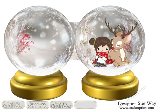 Little Girl Hugging Rudolph Snow Globe Quick Card