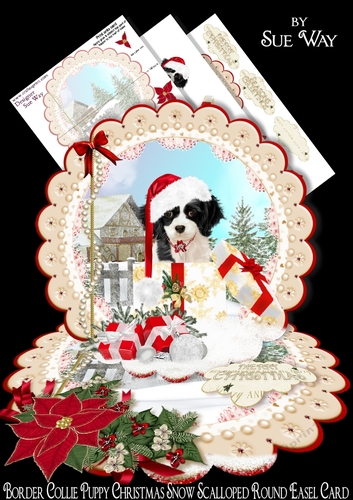 Border Collie Puppy Christmas Snow Scalloped Round Easel Card Mini Kit