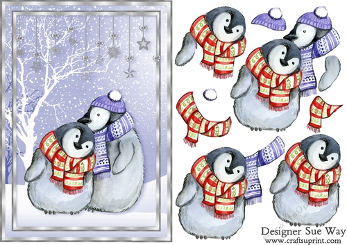 Penguin Love in a Snowy Scene A5 Topper & Decoupage