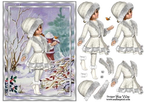 Girl and Robin in the Garden in the Snow