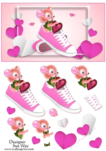 Love Heart Mouse in a Pink Trainer Topper and Decoupage