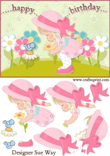 Happy Birthday Little Lady Picking Flowers Blonde Hair 