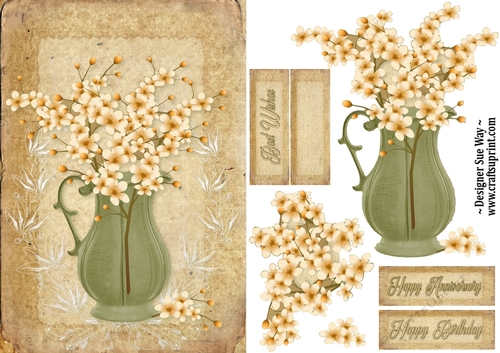 Pretty Jug of Flowers A5 Card Front, decoupage & tags