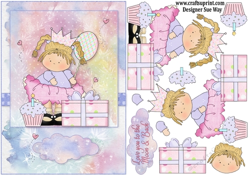Cake, Presents & Balloons Cute Girl Card Front & Decoupage