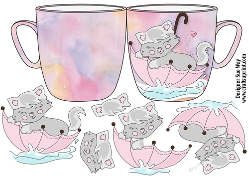 Splashing Fun Kitten on a Pink Cup Shaped Card
