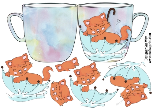 Splashing Fun Kitten on a Blue Cup Shaped Card
