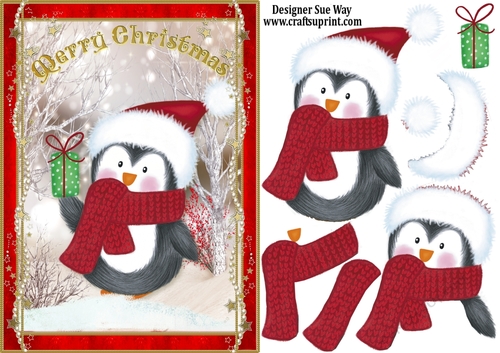 Penguin Christmas Snow A5 Card Front & Decoupage