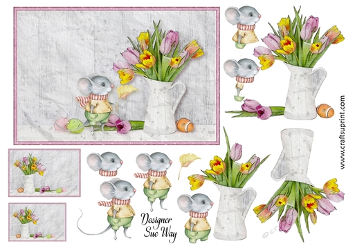 Sweet Little Mouse, Vase Of Flowers Watercolour Topper & Decoupage