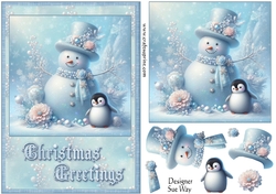Glittery Snowman and Penguin A5 Card Front and Decoupage