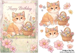 Sweet Little Flower Cat Happy Birthday A5 Card Front and Decoupage