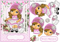 Dolly in a Pink Hat with Her Cat Card Front