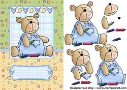 Baby Boy Bear with Crayons Card Front and Decoupage
