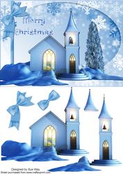 Merry Christmas Church in Blue Card Front