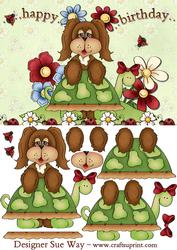 Flower Puppy and Tortoise Card Front & Decoupage