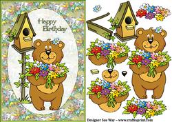 Birthday Flower Bouquet Bear Card Front and Decoupage