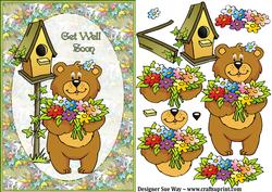 Get Well Soon Flower Bouquet Bear Card Front and Decoupage