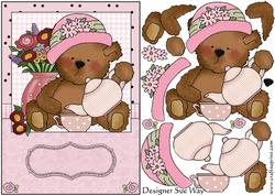 Pink Teddy Tea Time Card Front and Decoupage