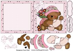 Pink Teddy Tea Time 5" Square Folded Card and Decoupage