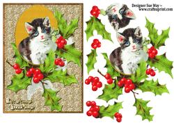 Vintage Christmas Cat Card Front and Decoupage